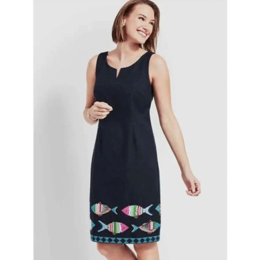 Talbots Petites Navy Fish Embellished Dress 10P Sleeveless Coastal Chic